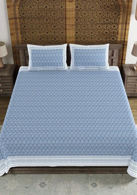 Blue Ethnic Motifs Pure Cotton 210 Tc King Bedsheet Set 2.69 M X 2.69 M