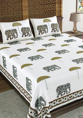 Green And White Ethnic Motifs 210 Tc King Bedsheet With 2 Pillow Covers