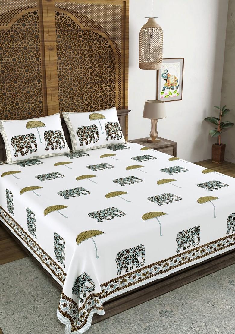 Green And White Ethnic Motifs 210 Tc King Bedsheet With 2 Pillow Covers