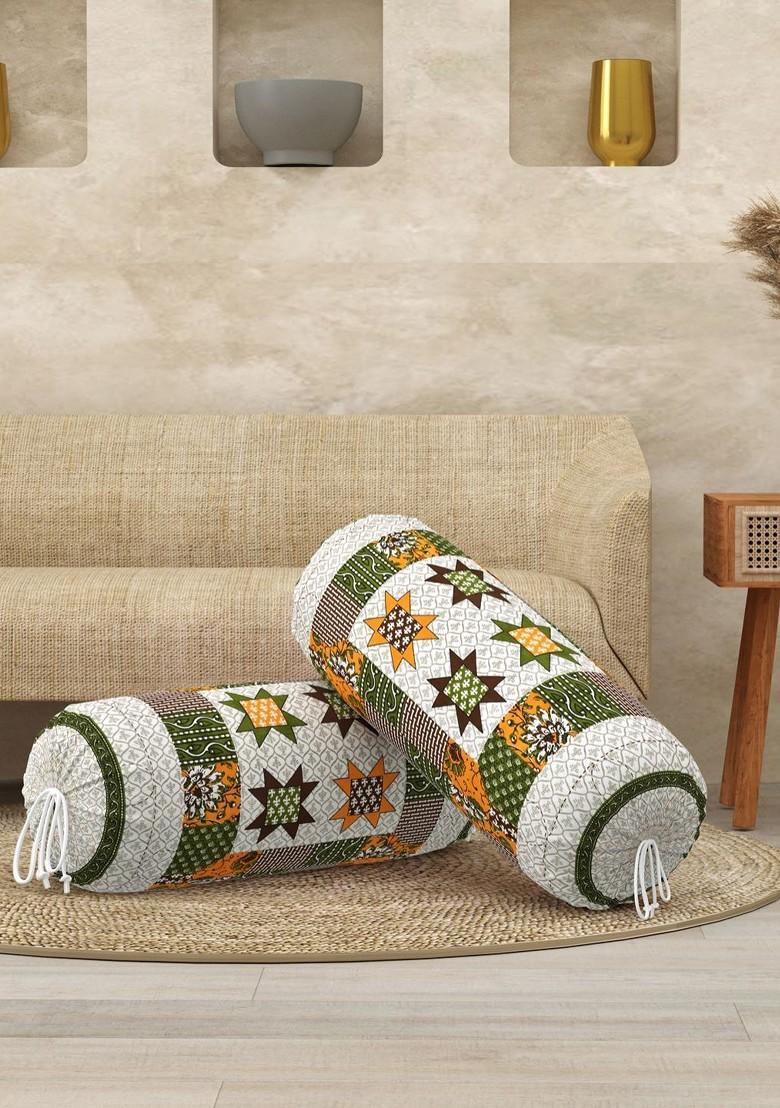 White And Green 2 Pieces Ethnic Motifs Printed Cotton Bolster Cover Set