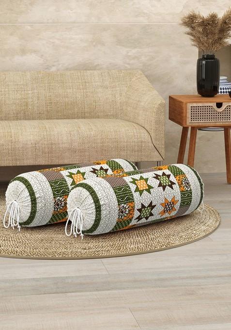 White And Green 2 Pieces Ethnic Motifs Printed Cotton Bolster Cover Set