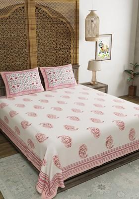 Adults White And Pink Ethnic Motifs 210 Tc King Bedsheet And 2 Pillow Covers