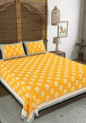 Yellow Ethnic Motifs Cotton 210 Tc Super King Bedsheet And 2 Pillow Covers