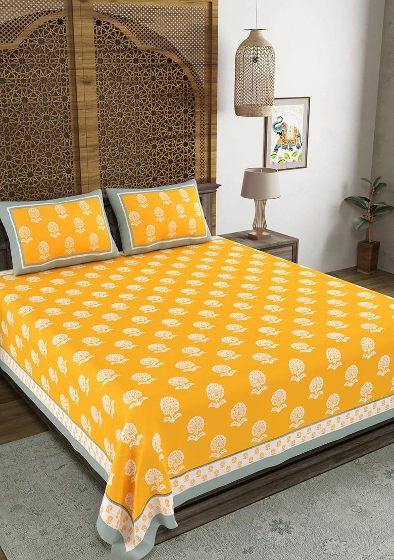Yellow Ethnic Motifs Cotton 210 Tc Super King Bedsheet And 2 Pillow Covers