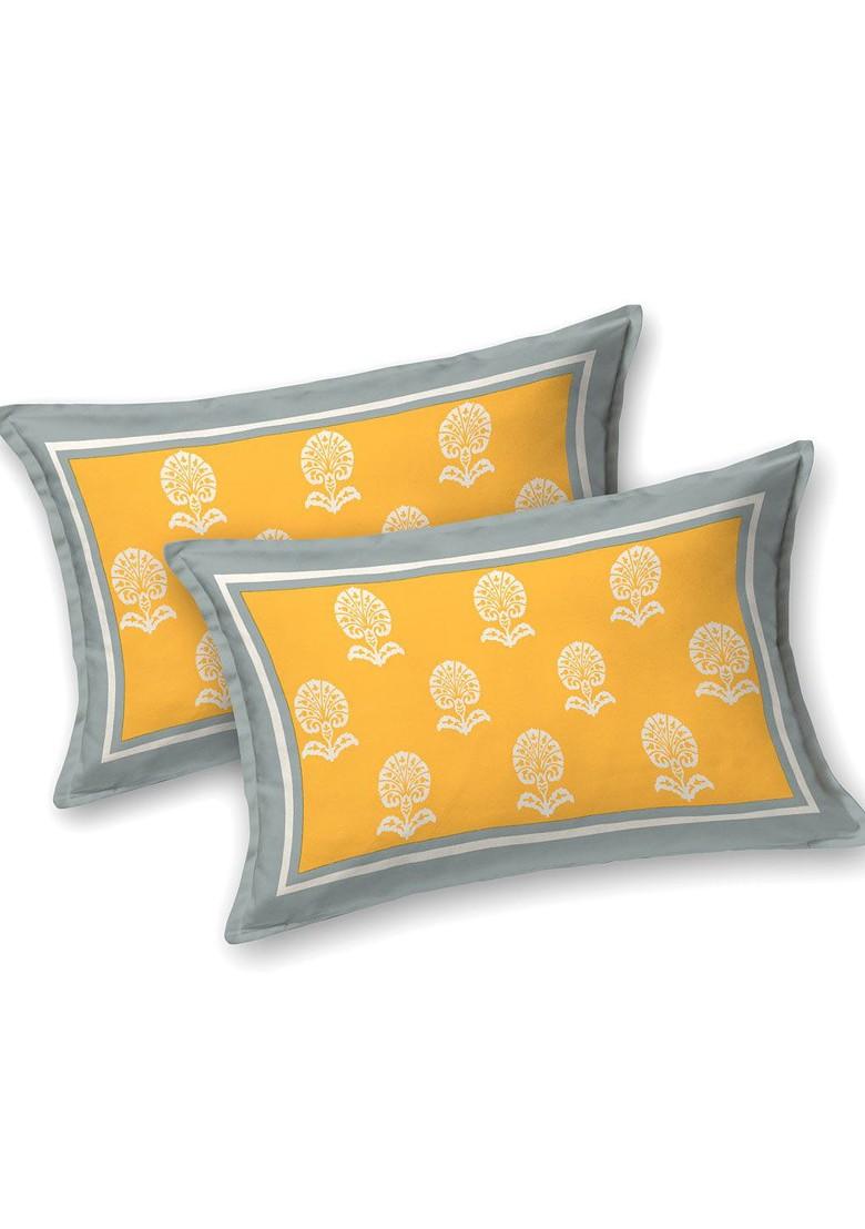 Yellow Ethnic Motifs Cotton 210 Tc Super King Bedsheet And 2 Pillow Covers