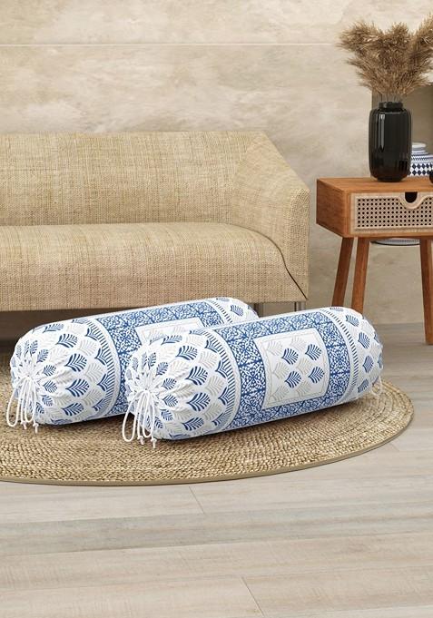 Blue And Grey 2 Pieces Floral Printed Bolstercovers