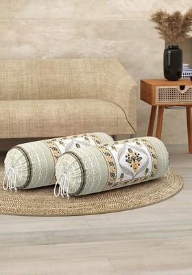White And Green 2 Pieces Ethnic Motifs Printed Cotton Bolster Cover Set