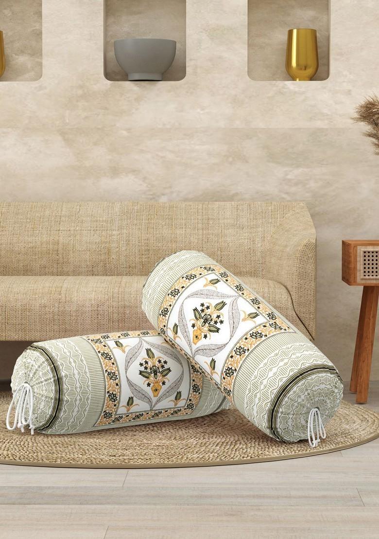 White And Green 2 Pieces Ethnic Motifs Printed Cotton Bolster Cover Set