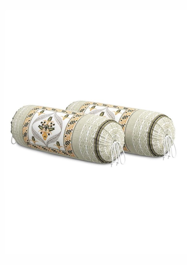 White And Green 2 Pieces Ethnic Motifs Printed Cotton Bolster Cover Set