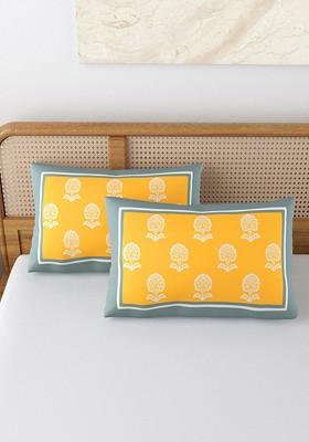 Yellow And White 2 Pieces Printed Pure Cotton Rectangle Pillow Covers