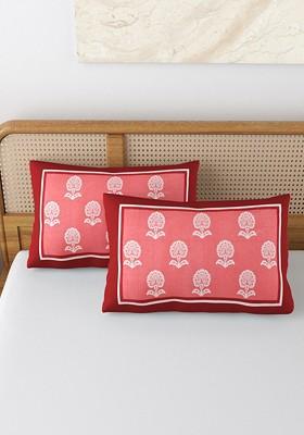 Red And White 2 Pieces Printed Pure Cotton Rectangle Pillow Covers