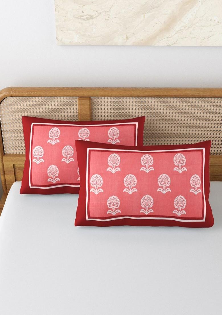 Red And White 2 Pieces Printed Pure Cotton Rectangle Pillow Covers