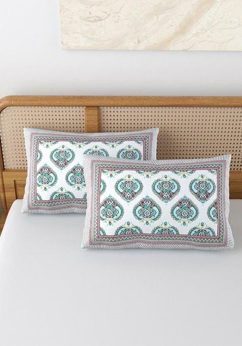 Grey And White 2 Pieces Printed Pure Cotton Rectangle Pillow Covers