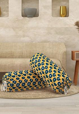 Yellow And Blue 2 Pieces Floral Printed Cotton Bolster Covers