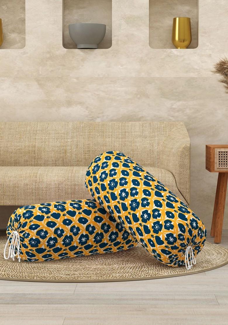 Yellow And Blue 2 Pieces Floral Printed Cotton Bolster Covers