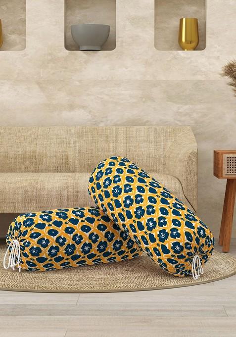 Yellow And Blue 2 Pieces Floral Printed Cotton Bolster Covers