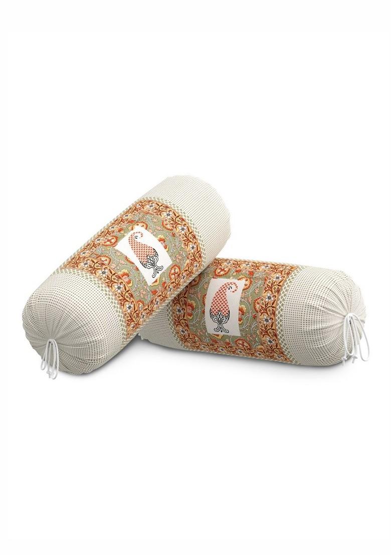 White And Peachcolored 2 Pieces Ethnic Motifs Printed Cotton Bolster Covers