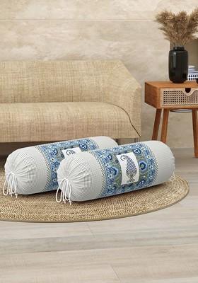 White And Blue 2 Pieces Ethnic Motifs Printed Cotton Bolster Covers