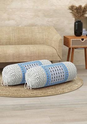 Blue And White 2 Pieces Ethnic Printed Cotton Cylindrical Bolster Covers