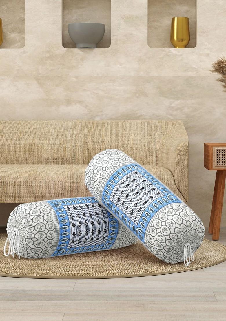 Blue And White 2 Pieces Ethnic Printed Cotton Cylindrical Bolster Covers