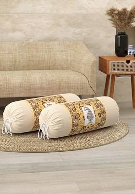 White And Brown 2 Pieces Ethnic Motifs Printed Cotton Bolster Covers