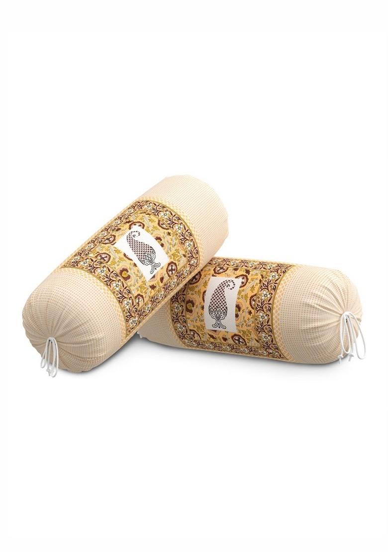 White And Brown 2 Pieces Ethnic Motifs Printed Cotton Bolster Covers