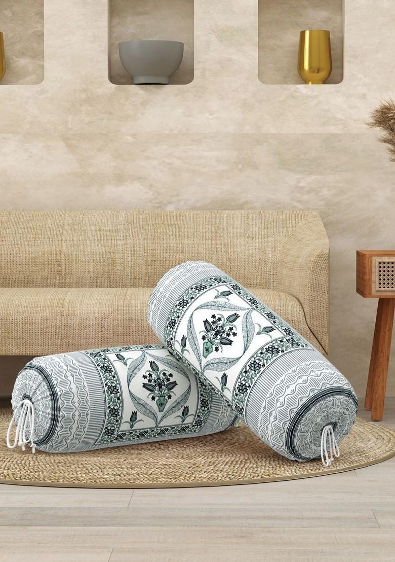 2Pcs White And Green Ethnic Motifs Printed Cotton Bolster Cover Set