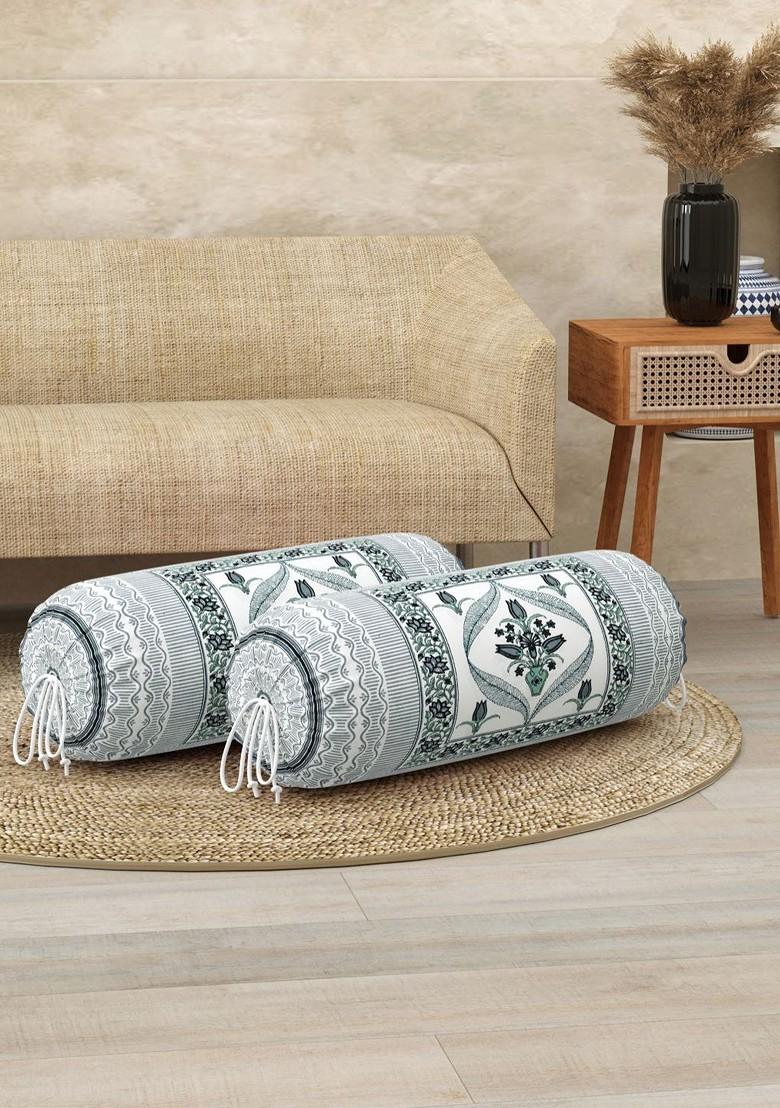 2Pcs White And Green Ethnic Motifs Printed Cotton Bolster Cover Set