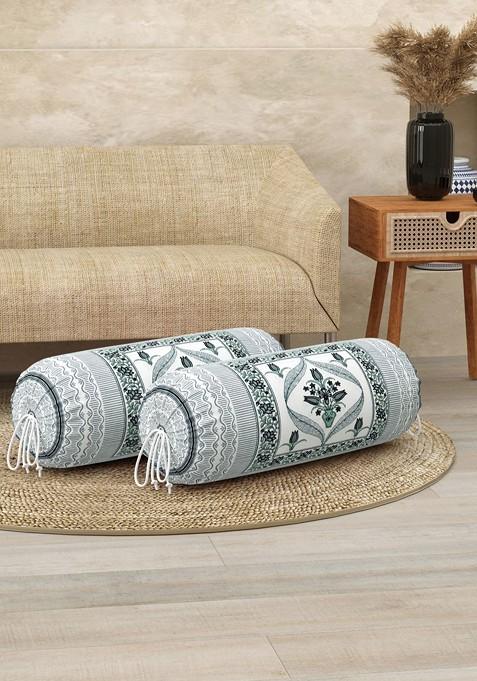 2Pcs White And Green Ethnic Motifs Printed Cotton Bolster Cover Set