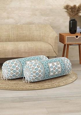 White And Green 2 Pieces Ethnic Motifs Printed Cotton Bolster Cover Set