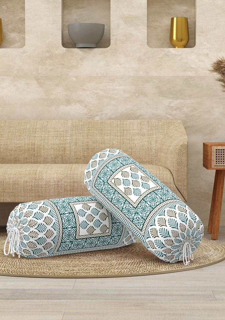 White And Green 2 Pieces Ethnic Motifs Printed Cotton Bolster Cover Set