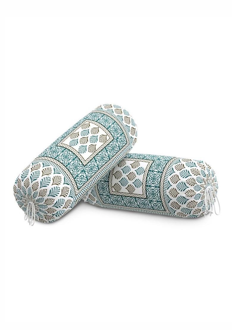 White And Green 2 Pieces Ethnic Motifs Printed Cotton Bolster Cover Set