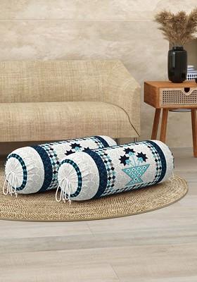 Blue And Grey 2 Pieces Floral Printed Bolster Covers