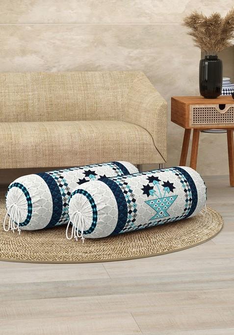 Blue And Grey 2 Pieces Floral Printed Bolster Covers