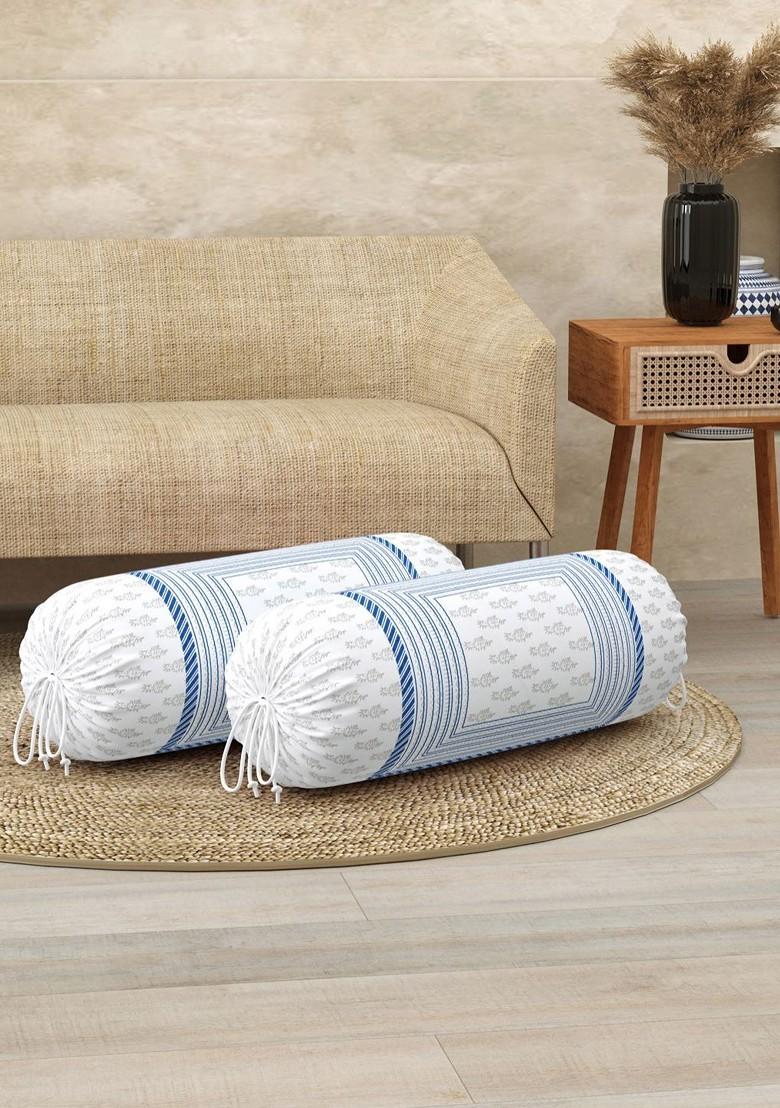 White And Blue 2 Pieces Ethnic Motifs Printed Cotton Bolster Cover Set
