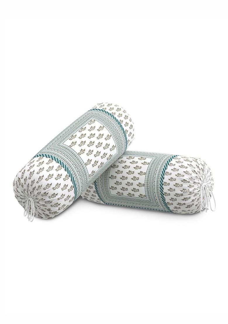 Green And White 2 Pieces Ethnic Motifs Printed Bolster Covers