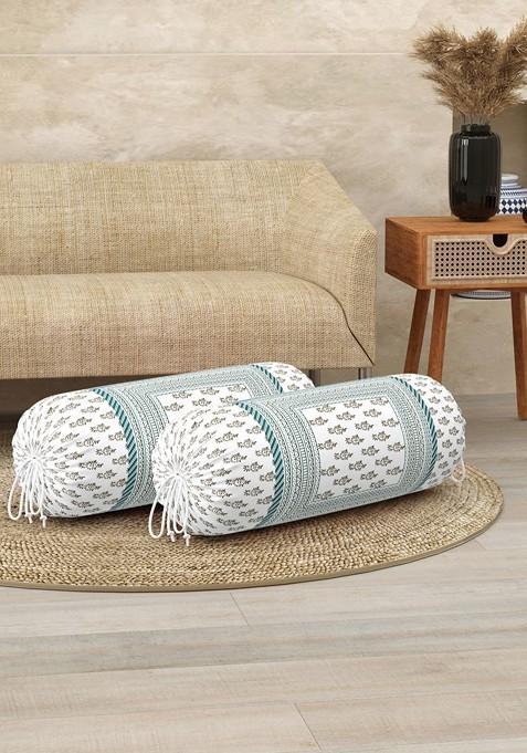 Green And White 2 Pieces Ethnic Motifs Printed Bolster Covers
