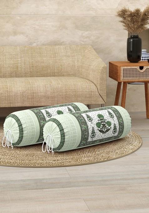 Green And Grey 2 Pieces Ethnic Motifs Printed Bolster Covers