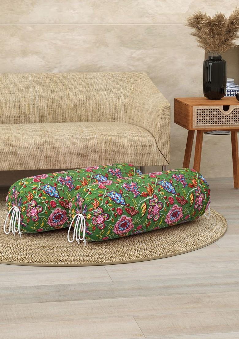 Set Of 2 Pink And Green Printed Cotton Bolster Covers