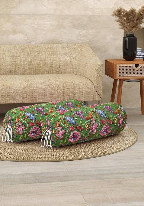 Set Of 2 Pink And Green Printed Cotton Bolster Covers