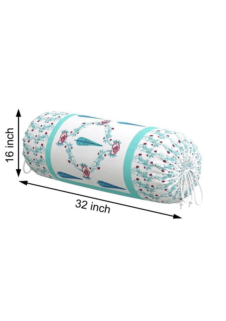 Set Of 2 Turquoise Blue And White Printed Cotton Bolster Covers