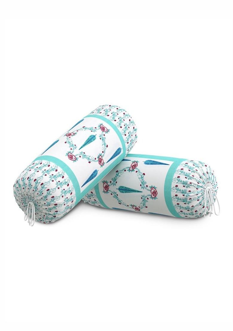 Set Of 2 Turquoise Blue And White Printed Cotton Bolster Covers