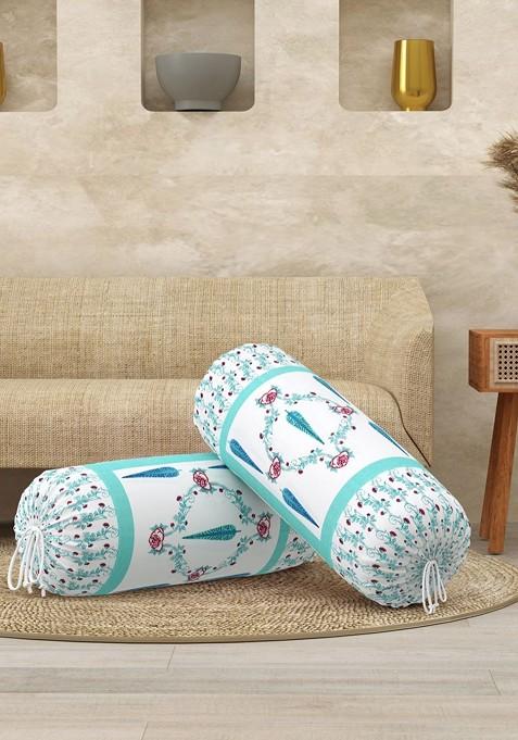 Set Of 2 Turquoise Blue And White Printed Cotton Bolster Covers