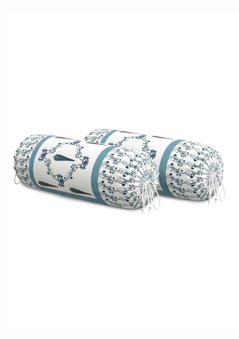 2Pcs White And Blue Printed Cotton Bolster Covers
