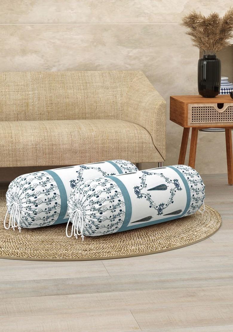 2Pcs White And Blue Printed Cotton Bolster Covers