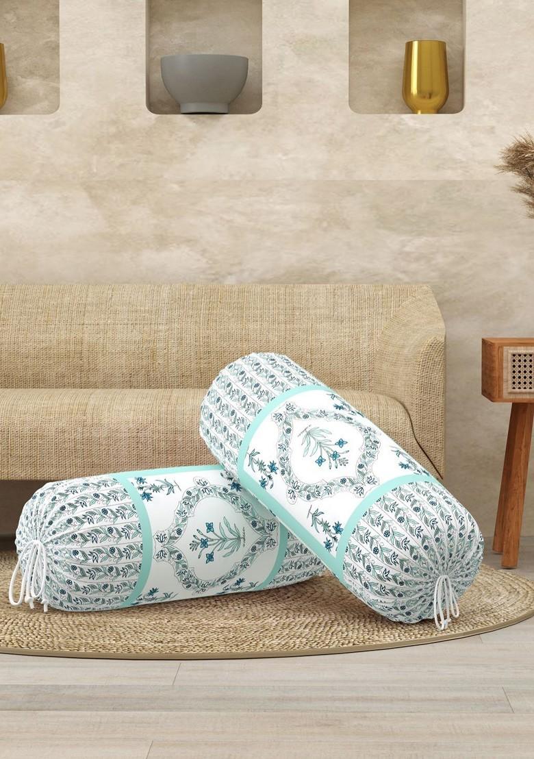 Turquoise Blue 2 Pieces Floral Printed Cotton Cylindrical Bolster Covers