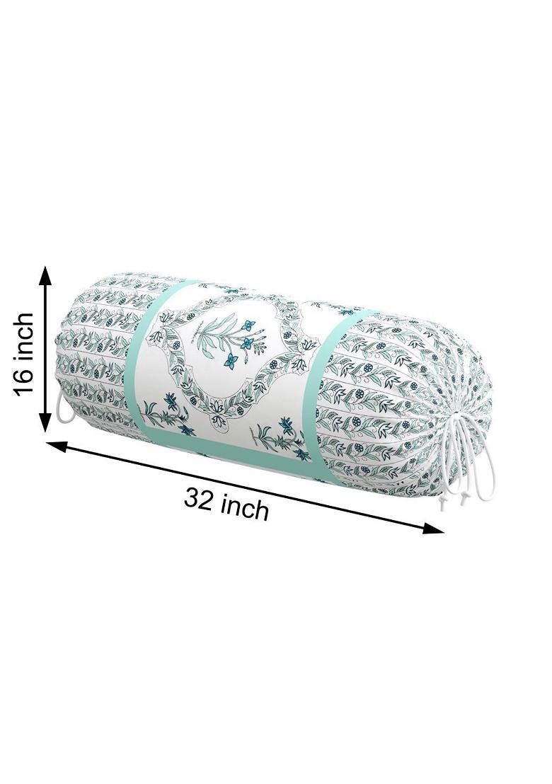 Turquoise Blue 2 Pieces Floral Printed Cotton Cylindrical Bolster Covers