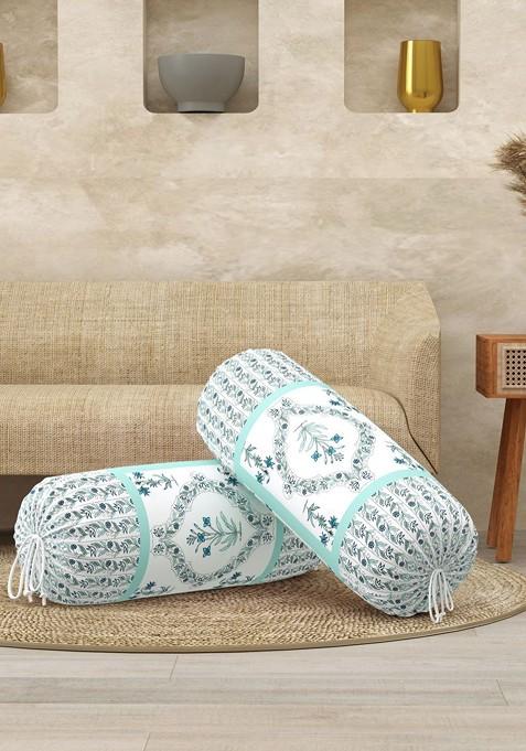Turquoise Blue 2 Pieces Floral Printed Cotton Cylindrical Bolster Covers
