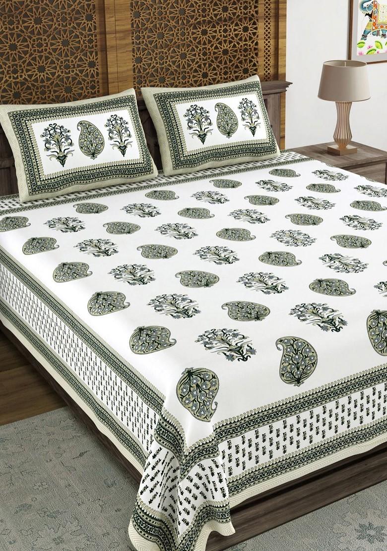 Green And White Ethnic Motifs 210 Tc King Bedsheet With 2 Pillow Covers