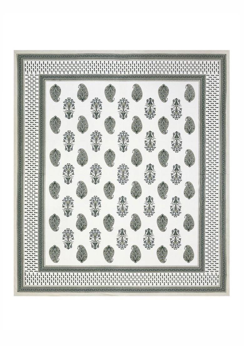 Green And White Ethnic Motifs 210 Tc King Bedsheet With 2 Pillow Covers